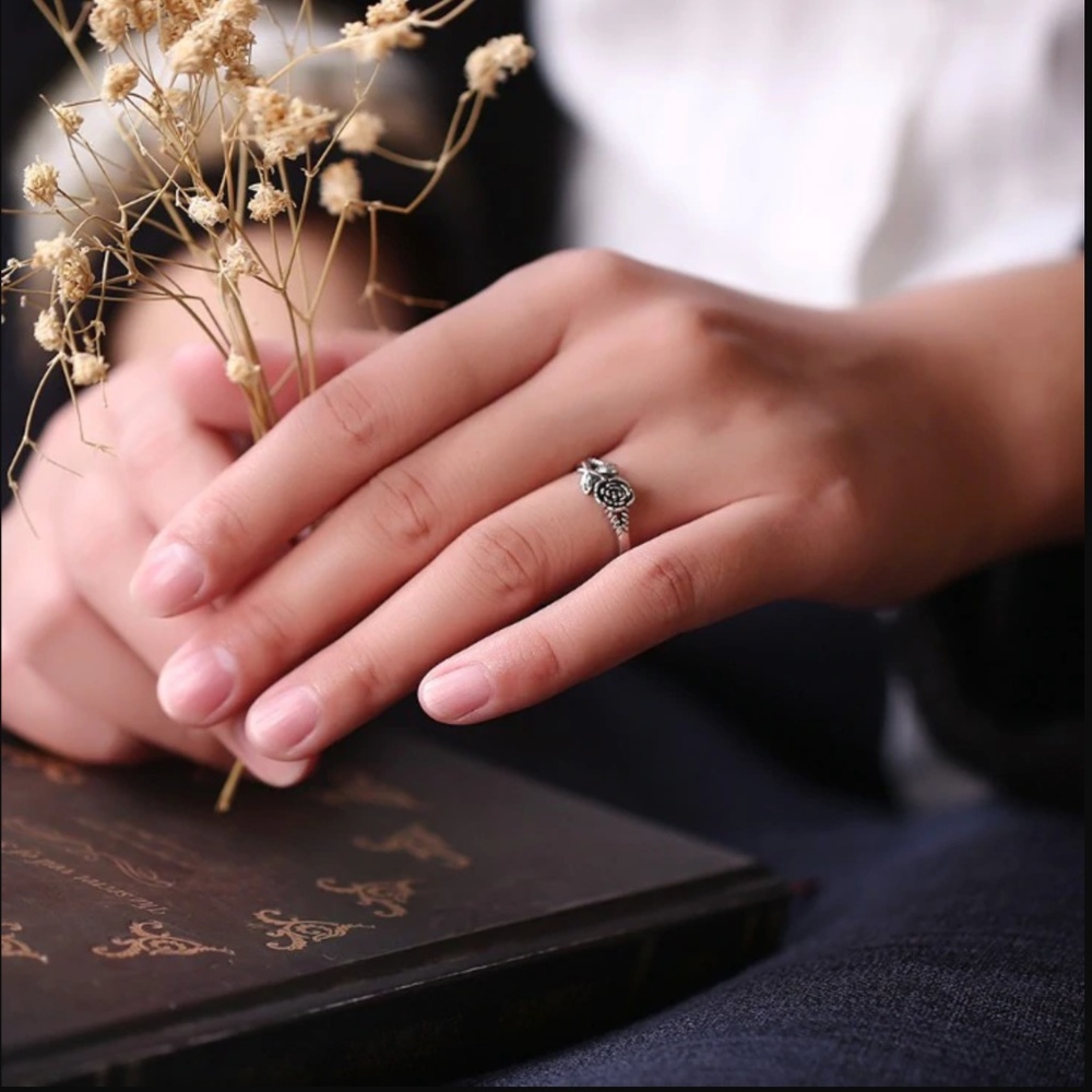 Dainty Rustic Silver Rose Flower Ring - Picture 2 of 5